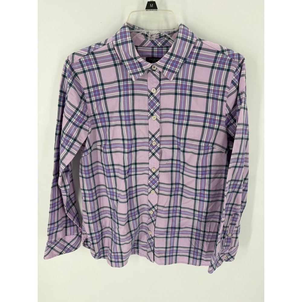 Talbots Petite Plaid Button Down Shirt Women's Long Sleeve Purple White Green LP